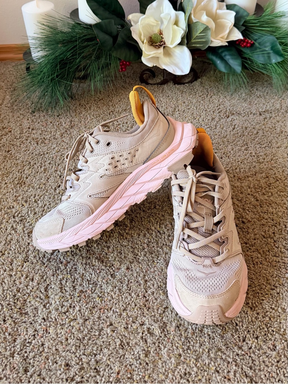 Hoka One One Beige and Pink Women's Running Sneakers with Mustard us7/Japan 24